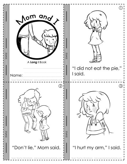 Cut & Glue Activities - Long I Mini-Book Activity : Mom & I (Printable PDF Worksheet)