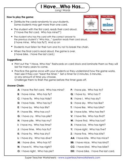 Phonics - Long I Words (Printable PDF Worksheet)