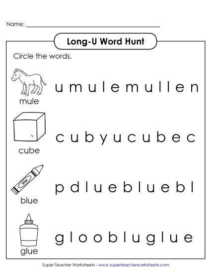 Worksheets - Long U: Horizontal Word Hunt (Illustrated) (Printable PDF Worksheet)