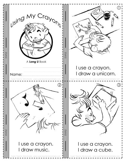 Cut and Glue Activities - Long U Mini-Book Activity : Using My Crayons (Printable PDF Worksheet)