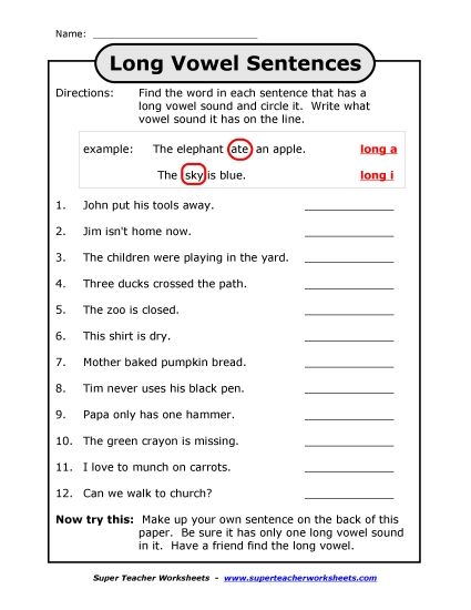 Long and Short Vowels - Long Vowels in Sentences (Printable PDF Worksheet)