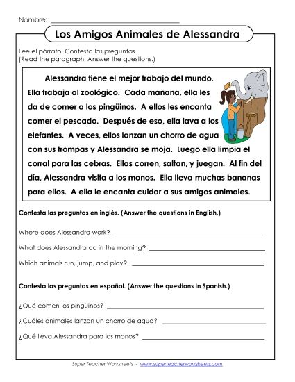 More Short Passages (Level: Basic) - Los Amigos Animales de Alessandra (Printable PDF Worksheet)