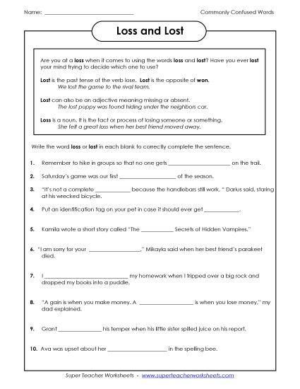 Loss and Lost (Printable PDF Worksheet)