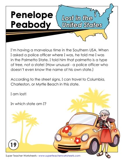 Lost in USA #19: South Carolina (Printable PDF Worksheet)