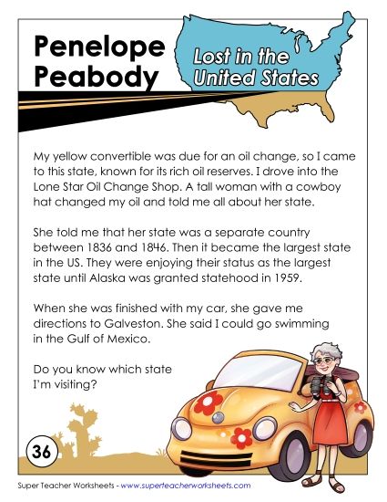 Mystery State Activities - Lost in USA:  Texas (Printable PDF Worksheet)