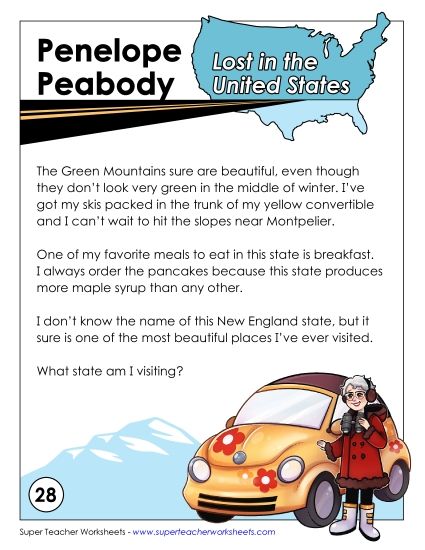 Mystery State Activities - Lost in USA:  Vermont (Printable PDF Worksheet)