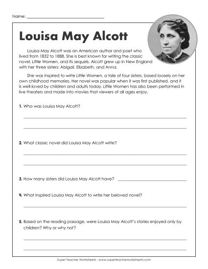 Biography - Louisa May Alcott Short Bio (Printable PDF Worksheet)