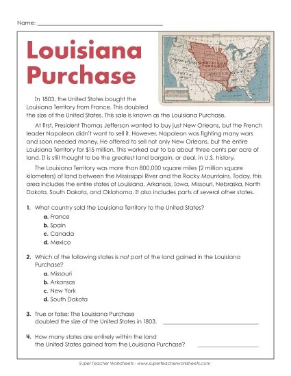 Non-Fiction - Louisiana Purchase (Printable PDF Worksheet)
