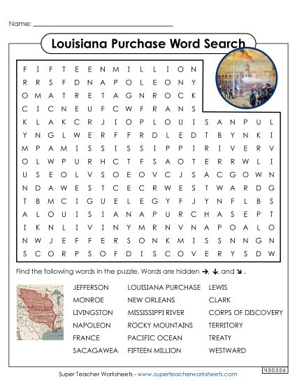 Puzzles - Louisiana Purchase Word Search (Printable PDF Worksheet)