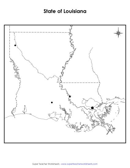 Maps - Louisiana State Map (Blank Cities) (Printable PDF Worksheet)