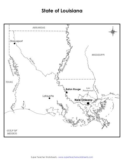 Maps - Louisiana State Map (Labeled) (Printable PDF Worksheet)
