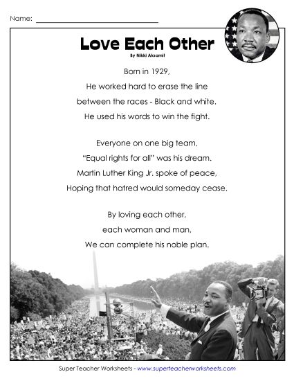 M.L.K. Reading Comprehension - Love Each Other (Poem) (Printable PDF Worksheet)