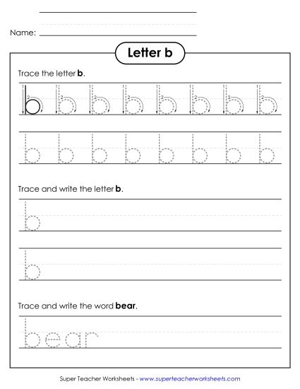 Trace and Print - Lowercase b (Dotted Lines) (Printable PDF Worksheet)