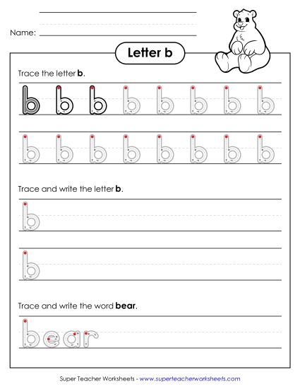 Trace and Print - Lowercase b Printing Practice (Outlined Letters) (Printable PDF Worksheet)