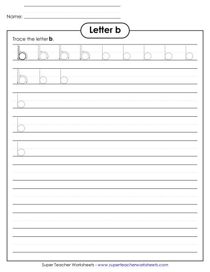 Trace and Print - Lowercase b Printing Practice (Smaller Font Size) (Printable PDF Worksheet)