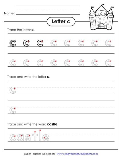 Letter C - Lowercase c (Outlined Letters) (Printable PDF Worksheet)