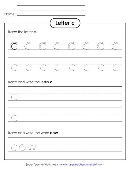 Letter C - Lowercase c (Tracing Dotted Line) (Printable PDF Worksheet)