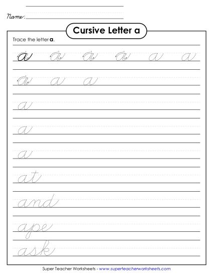 Lower-Case Cursive Letters - Lowercase Cursive a (Printable PDF Worksheet)