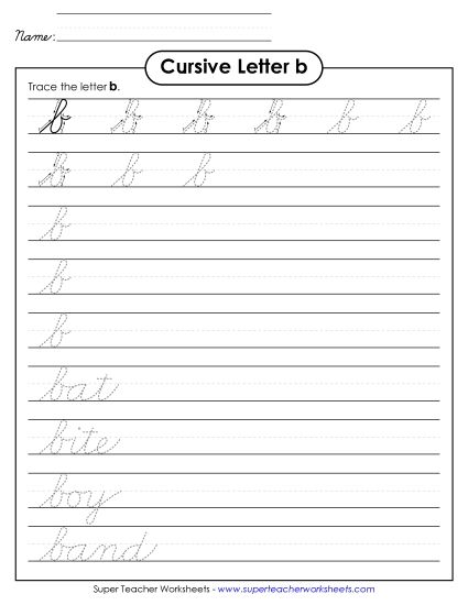 Lower-Case Cursive Letters - Lowercase cursive b (Printable PDF Worksheet)