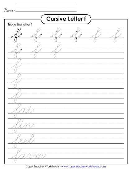 Lower-Case Cursive Letters - Lowercase cursive f (Printable PDF Worksheet)
