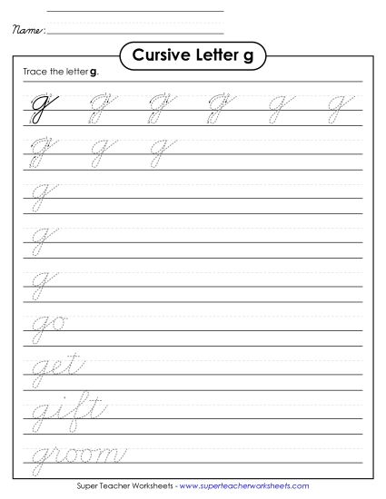 Lower-Case Cursive Letters - Lowercase cursive g (Printable PDF Worksheet)