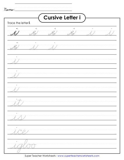 Lower-Case Cursive Letters - Lowercase cursive i (Printable PDF Worksheet)