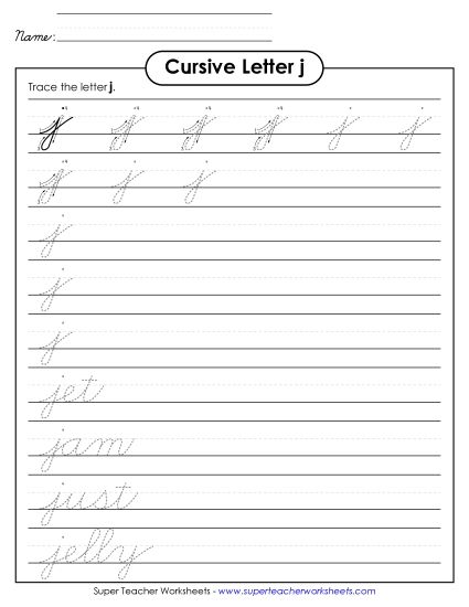 Lower-Case Cursive Letters - Lowercase cursive j (Printable PDF Worksheet)