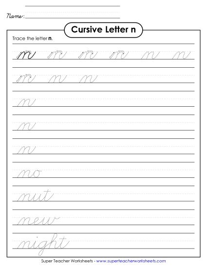 Lower-Case Cursive Letters - Lowercase cursive n (Printable PDF Worksheet)