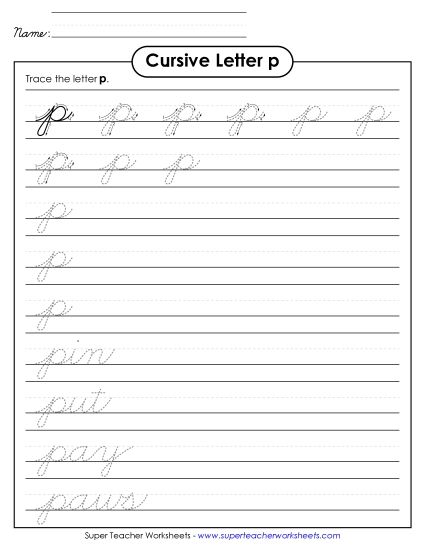 Lower-Case Cursive Letters - Lowercase cursive p (Printable PDF Worksheet)