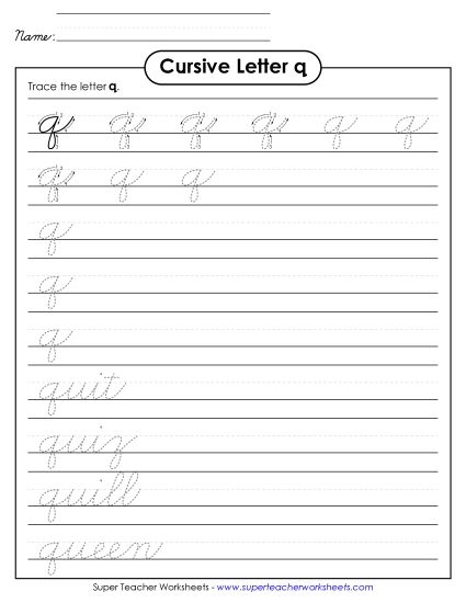 Lower-Case Cursive Letters - Lowercase cursive q (Printable PDF Worksheet)