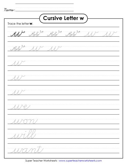 Lower-Case Cursive Letters - Lowercase cursive w (Printable PDF Worksheet)