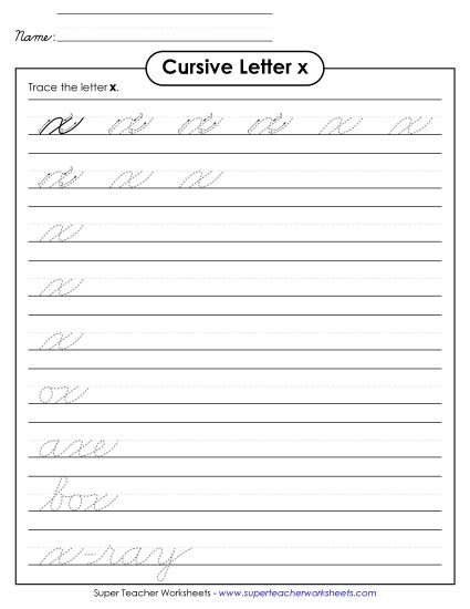 Lower-Case Cursive Letters - Lowercase cursive x (Printable PDF Worksheet)