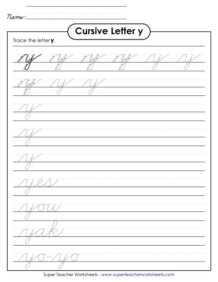 Lower-Case Cursive Letters - Lowercase cursive y (Printable PDF Worksheet)
