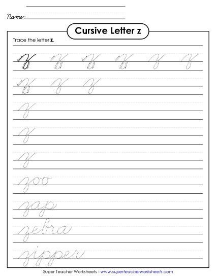 Lower-Case Cursive Letters - Lowercase cursive z (Printable PDF Worksheet)