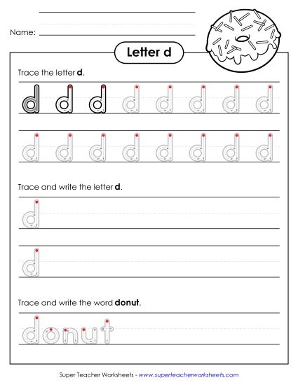 Letter D - Lowercase d (Outlined Letters) (Printable PDF Worksheet)