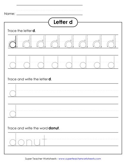 Letter D - Lowercase d (Tracing Dotted Line) (Printable PDF Worksheet)