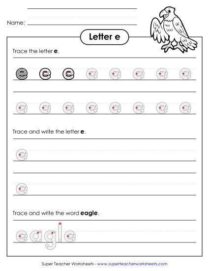 Letter E - Lowercase e (Outlined Letters) (Printable PDF Worksheet)