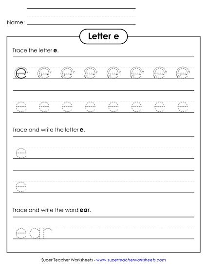 Letter E - Lowercase e (Tracing Dotted Line) (Printable PDF Worksheet)