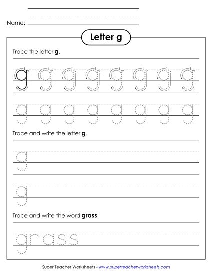Letter G - Lowercase g (Tracing Dotted Line) (Printable PDF Worksheet)