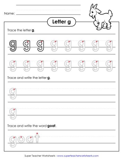 Trace and Print - Lowercase g Writing Practice (Outlined Letters) (Printable PDF Worksheet)