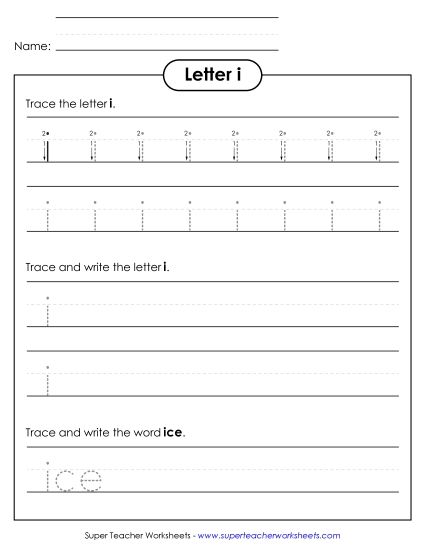 Trace and Print - Lowercase i (Dotted Lines) (Printable PDF Worksheet)