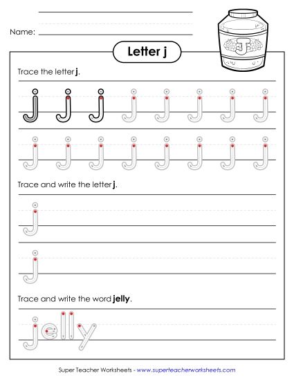 Letter J - Lowercase j (Outlined Letters) (Printable PDF Worksheet)