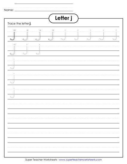 Letter J - Lowercase j (Smaller Font Size) (Printable PDF Worksheet)