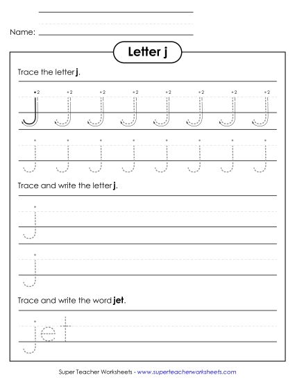 Letter J - Lowercase j (Tracing Dotted Line) (Printable PDF Worksheet)