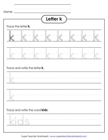 Trace and Print - Lowercase k (Dotted Lines) (Printable PDF Worksheet)