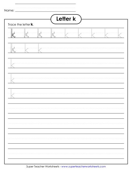 Trace and Print - Lowercase k Printing Practice (Smaller Font Size) (Printable PDF Worksheet)