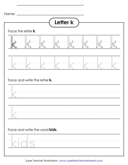 Letter K - Lowercase k (Tracing Dotted Line) (Printable PDF Worksheet)