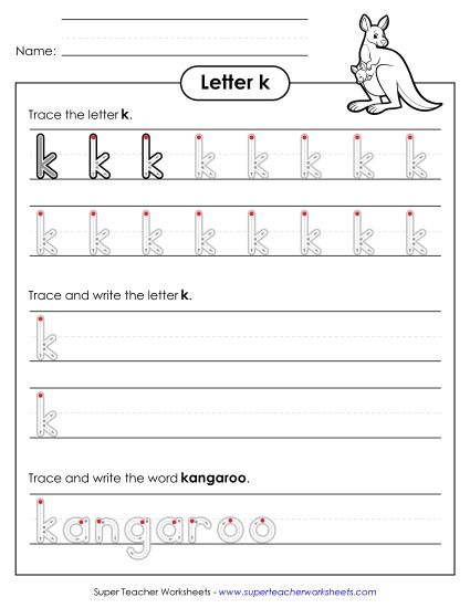 Trace and Print - Lowercase k Writing Practice (Outlined Letters) (Printable PDF Worksheet)