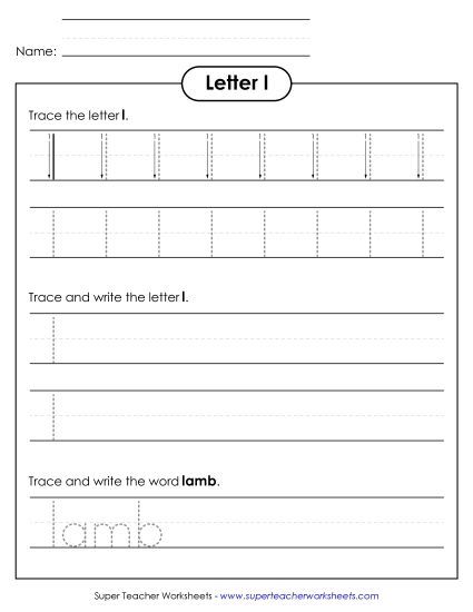Trace and Print - Lowercase l (Dotted Lines) (Printable PDF Worksheet)