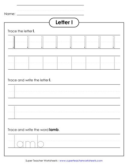 Letter L - Lowercase l (Tracing Dotted Line) (Printable PDF Worksheet)